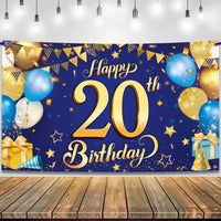 KatchOn, Blue and Gold 20th Happy Birthday Banner - 72x44 Inch | 20th Birthday Backdrop, 20th Birthday Decorations for Men | 20 Year Old Birthday Decorations | 20th Blue and Gold Birth day Decorations