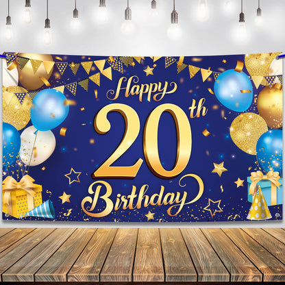 KatchOn, Blue and Gold 20th Happy Birthday Banner - 72x44 Inch | 20th Birthday Backdrop, 20th Birthday Decorations for Men | 20 Year Old Birthday Decorations | 20th Blue and Gold Birth day Decorations