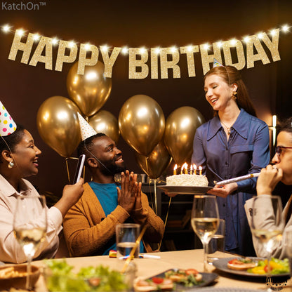 KatchOn, Light Up Happy Birthday Banner - 10 Feet, 8 Modes | Glitter Golden Birthday Party Decorations | Gold Birthday Decorations For Women, Men, Girls & Boys | Happy Birthday Light Up Sign