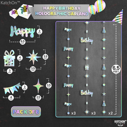 KatchOn, Iridescent Happy Birthday Garland Banner - 6.5 Feet, Pack of 8 | Silver Hanging Garland For Happy Birthday Decorations | Disco Theme Party Decorations | No DIY