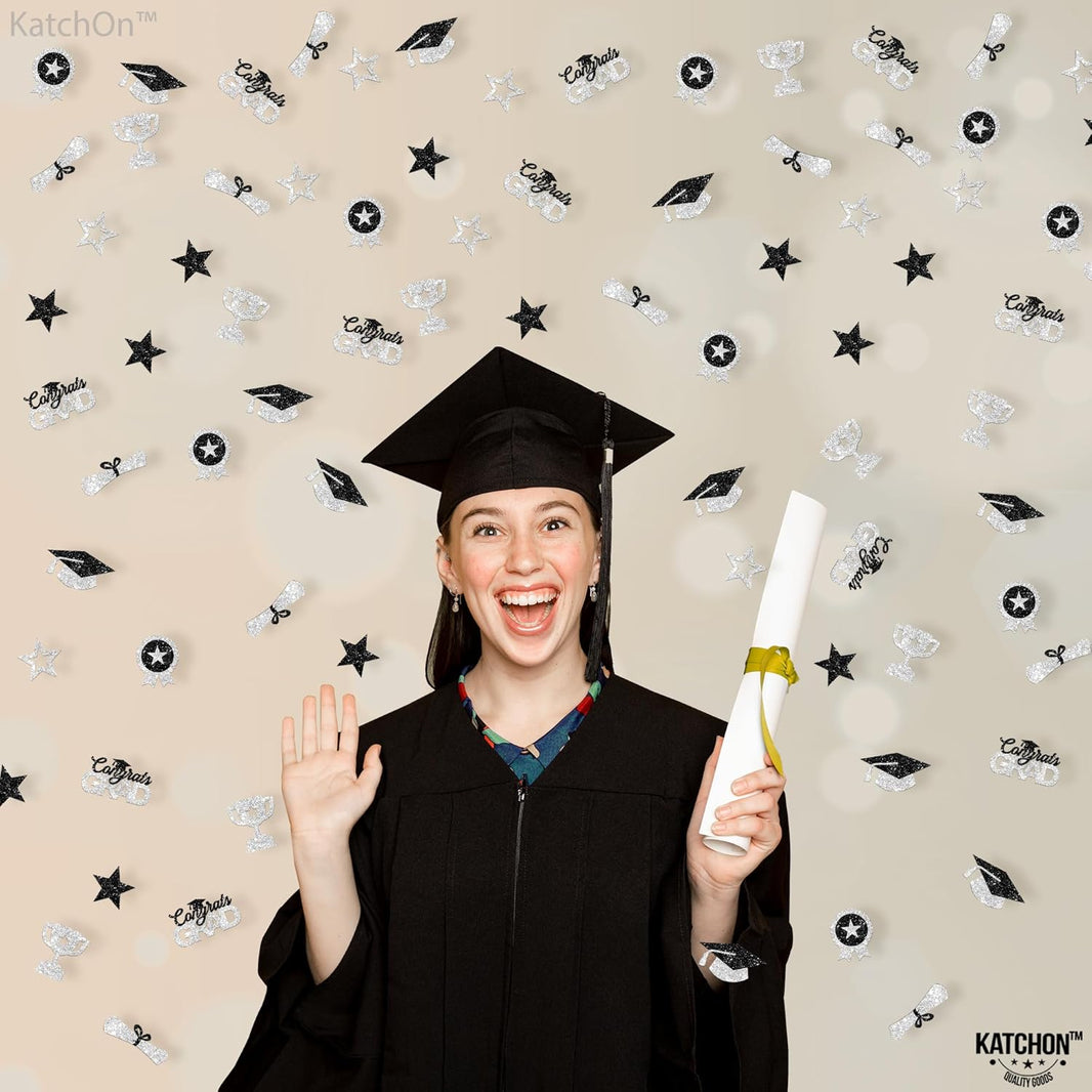 KatchOn, Glitter, Silver and Black Graduation Confetti - Pack of 300 | Graduation Hat, Star Confetti for Graduation Decorations 2026 | Congrats Grad Confetti for 2026 Graduation Table Decorations