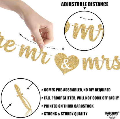 KatchOn, Gold Glitter Future Mr & Mrs Banner - 10 Feet, Pre-Strung, No DIY | Future Mr and Mrs Banner | Engagement Party Decorations | Mr And Mrs Sign for Wedding Decorations | Bachelorette Party