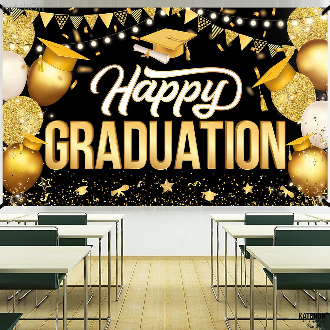 KatchOn, Happy Graduation Banner - XtraLarge, 72x44 Inch | Black and Gold Graduation Backdrop 2026, Graduation Decorations Class of 2026 Congratulations Banner for 2026 Graduation Party Decorations