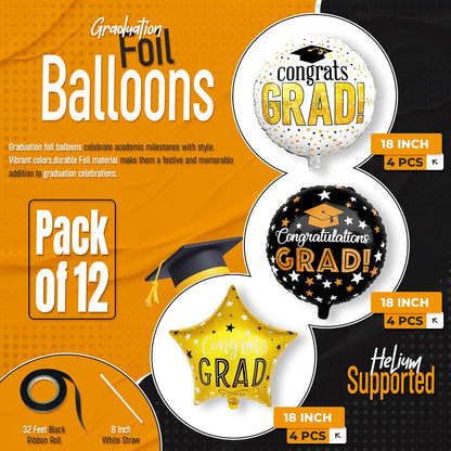 KatchOn, Congrats Grad Balloon Set - 18 Inch, Pack of 12 | Congrats Grad Balloons for Graduation Decorations 2026, Black and Gold Graduation Balloons, Congrats Grad Decorations, Grad Party Décor
