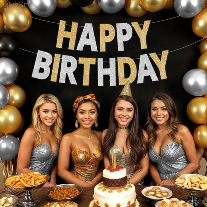 KatchOn, Gold and Silver Happy Birthday Banner - 10 Feet, Pre-Assembled | Birthday Decorations for Women and Girls | Hbd Backdrop Banner for Gold and Silver Party Decorations