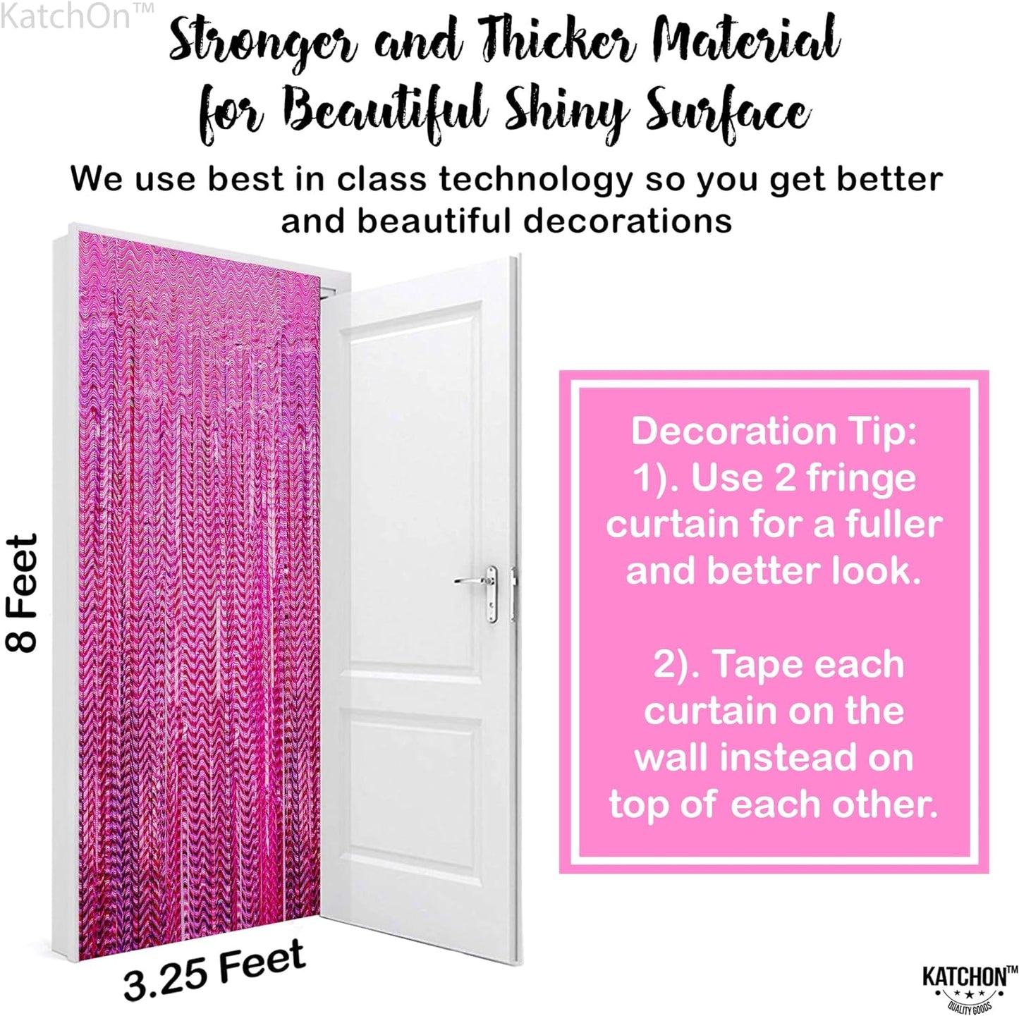 KatchOn, Laser Pink Backdrop Curtain - Large, 8x3.2 Feet, Pack of 2 | Laser Pink Streamers for Pink Party Decorations | Pink Fringe Backdrop | Pink Tinsel Backdrop for Hot Pink Birthday Decorations