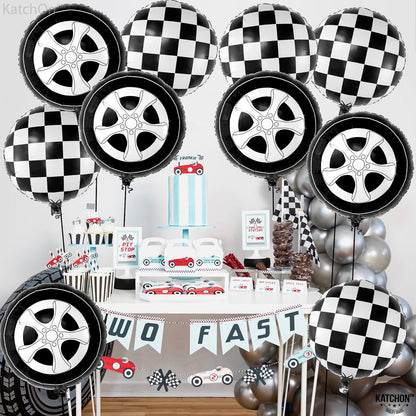 KatchOn, Tire Balloons and Checkered Balloon Set - 18 Inch, Pack of 12 | Tire Balloon for Two Fast Two Curious Birthday Decorations | Two Fast Birthday Decorations Boy | Cars Birthday Party Supplies