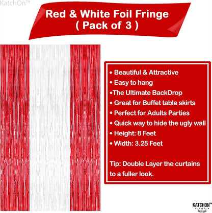 KatchOn, Red and White Streamers - 3.2x8 Ft, Pack of 3 | Red and White Fringe Curtain for Valentines Day Decorations | Fringe Backdrop for Proposal, galentines day decorations | Engagement Party Decor