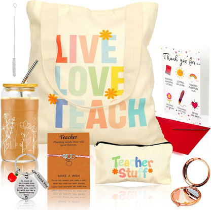 KatchOn Teacher Appreciation Gifts for Women - Unique Teacher Birthday and Back to School Thank You Gifts with Tumbler, Tote Bag, Pouch, Keychain, Bracelet, Compact Mirror, and Thank-You Card
