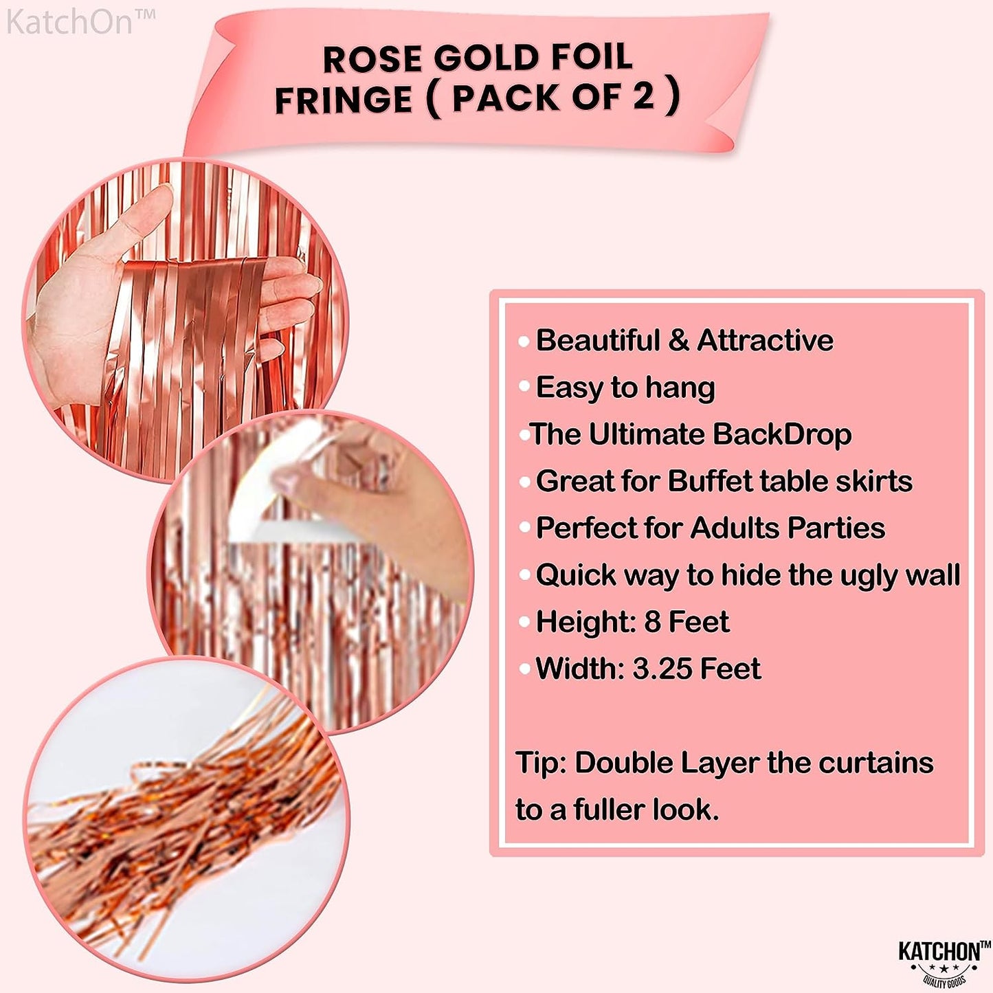 KatchOn, Rose Gold Fringe Curtain - XtraLarge 8x3.2 Feet, Pack of 2 | Rose Gold Fringe, Bachelorette Party Decorations, Rose Gold Party Decorations | Rose Gold Streamers, Rose Gold Birthday Fringe