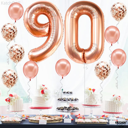 KatchOn, Rose Gold 90 Balloon Numbers - 40 Inch | Rose Gold 90th Birthday Balloons with Confetti for 90th Birthday Decorations for Women | 90 balloons for 90th Happy Anniversary Decorations