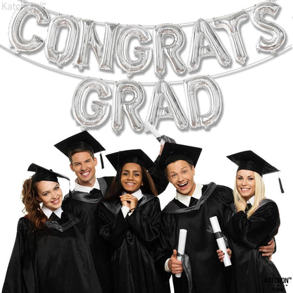 Graduation Decorations 2026 | Congrats Grad Balloons - 16 Inch | Silver Congrats Grad Banner | Congratulations Banner For 2026 Graduation Decorations | Silver Graduation Balloons, KatchOn