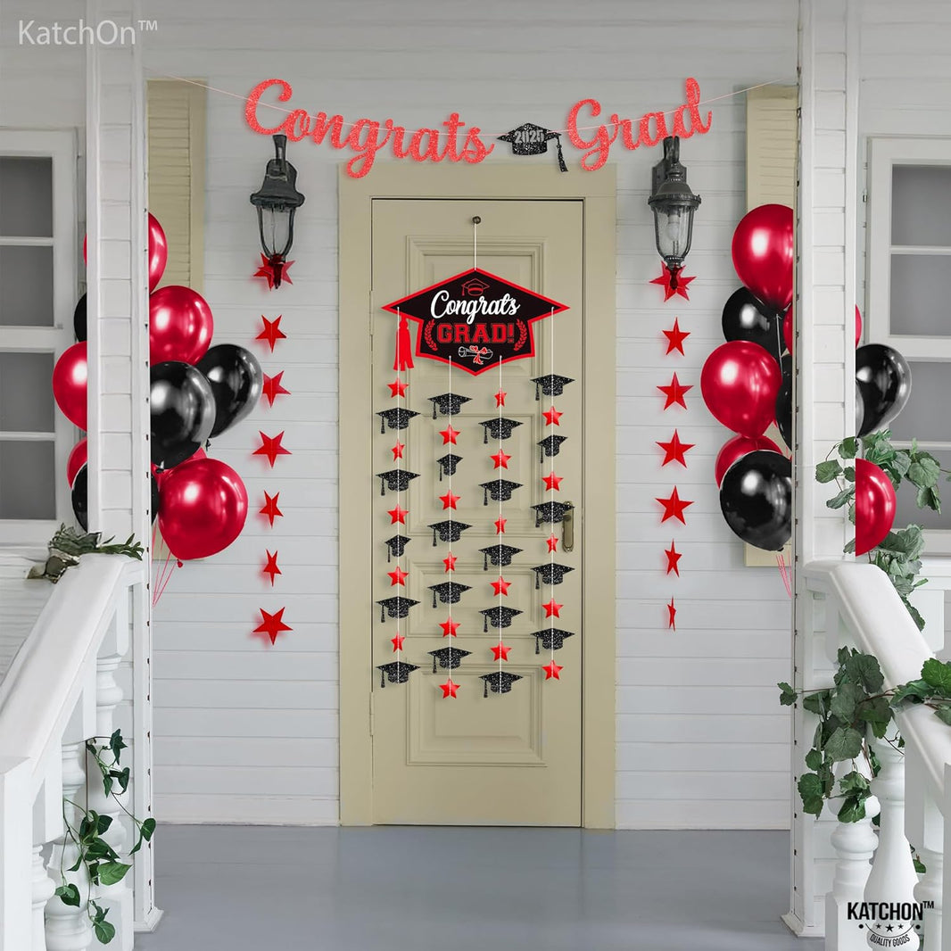 Graduation Decorations 2026, Black and Red Cap Garland - Pack of 2, No DIY | Congrats Grad Garlands for Wall Decor | Cap Garland for Graduation Party Decorations, 2026 Graduation Decoration, KatchOn