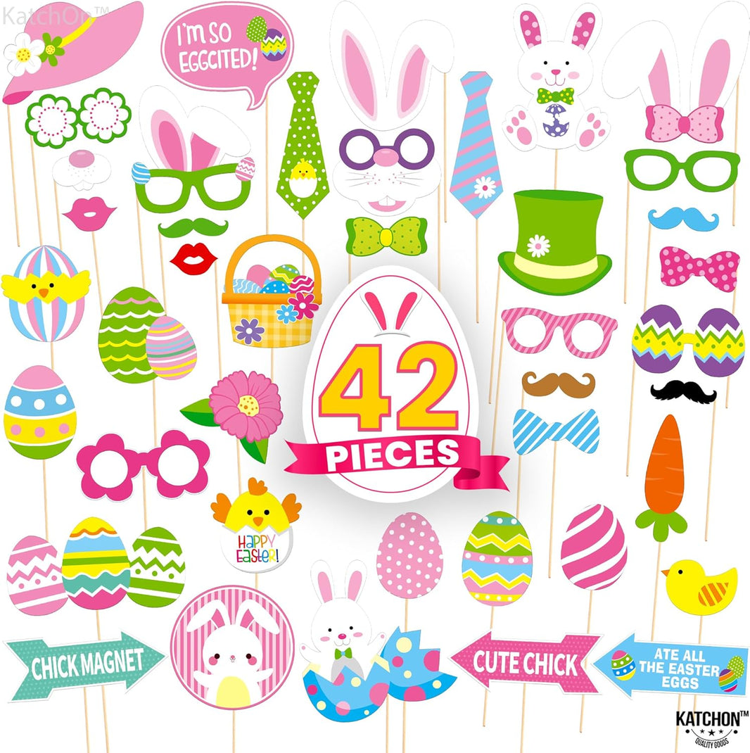 KatchOn, Huge Happy Easter Photo Booth Props - Pack of 43 | Easter Photo Props for Photoshoot | Spring Photo Booth Props, Easter Props for Photography | Easter Picture Props, Easter Party Decorations