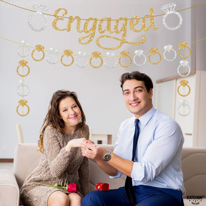 KatchOn, Pre-Strung Gold and Silver Glitter Engaged Banner - 2 String, 10 Feet, No DIY | Engagement Party Decorations |  Banner for Bachelorette Party Decorations, Engagement Decorations