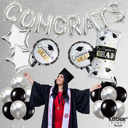 KatchOn, Silver Congrats Balloons Set - Big 28 Inch, Pack of 27 | Black and Silver Graduation Decorations 2026 | Congratulations Balloons, Graduation Decorations Class of 2026