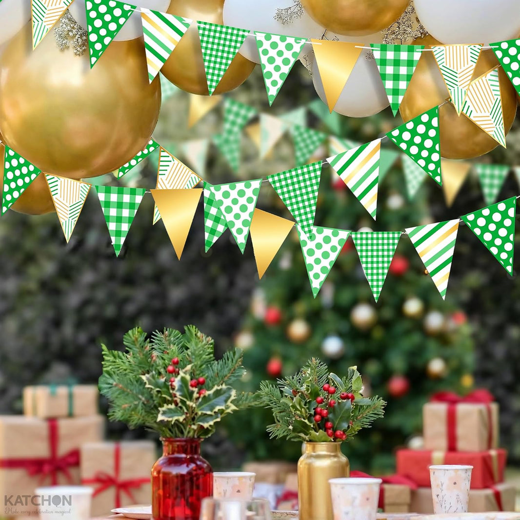 KatchOn, Christmas Pennant Banner Flags - 30 Feet | Gingham Checkered Triangle Fabric Bunting Garland Green, White and Gold | Party Decorations for Birthday, And Christmas Wall Decorations Indoor