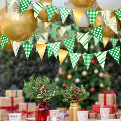 KatchOn, Christmas Pennant Banner Flags - 30 Feet | Gingham Checkered Triangle Fabric Bunting Garland Green, White and Gold | Party Decorations for Birthday, And Christmas Wall Decorations Indoor
