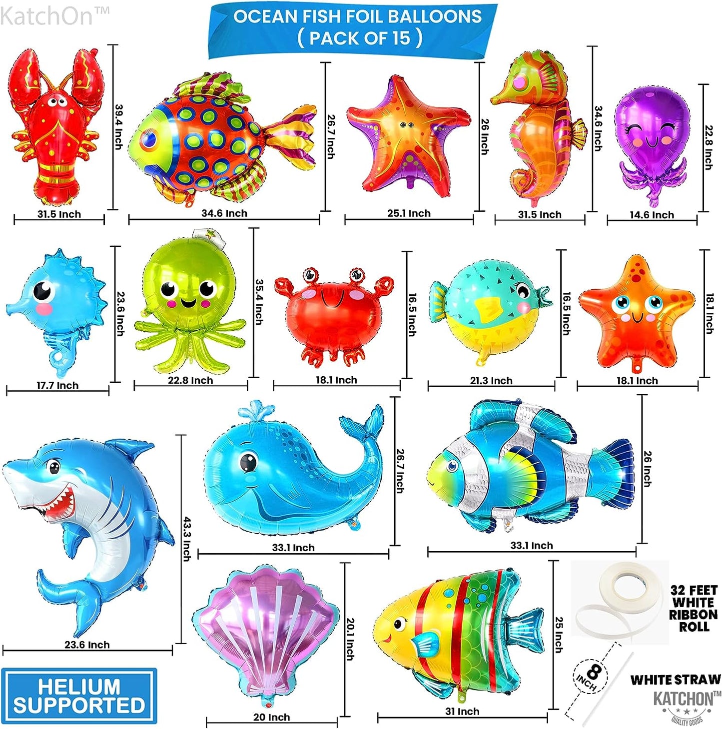 KatchOn, Ocean Balloons for Under The Sea Decorations - 43 Inch, Pack of 15 | Shark Balloons, Under The Sea Balloons | Fish Balloons for Party, Sea Animal Balloons, Under The Sea Party Decorations