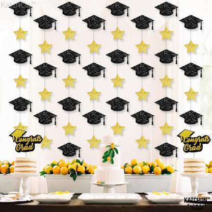 KatchOn, Glitter Graduation Cap Garland, 10 Feet - 8 String, No DIY | Black and Gold Graduation Decorations 2026 | Graduation Garland, Graduation Cap Decorations for 2026 Graduation Decorations