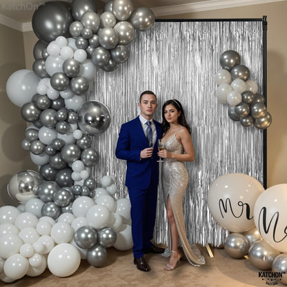 KatchOn, XtraLarge Silver Backdrop Curtain - 3.2x8 Ft, Pack of 2 | Silver Streamers Backdrop for Disco Party Decorations | Fringe Backdrop for Anniversary, Birthday Decoration | Halloween Decorations