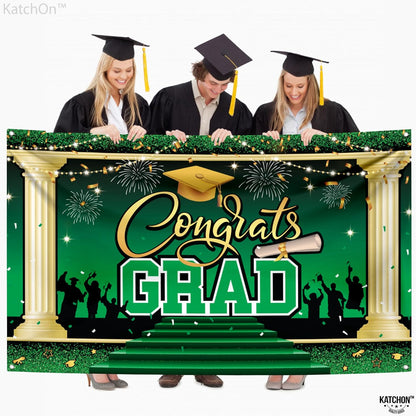 KatchOn, XtraLarge Green Congrats Grad Banner - 72x44 Inch, 2026 Graduation Backdrop | Grad Decorations Class of 2026 Green and Gold for Grad Party Decorations, Graduation Decorations 2026