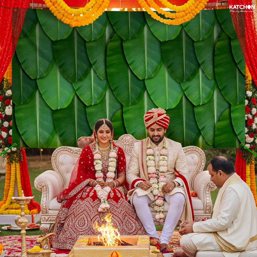 KatchOn, Indian Pooja Backdrop Decoration - 7.5X5 Feets | Green Banana Leaf for Traditional Festival, Pooja, Party Decorations, Photo Booth Props, Mehndi, Photography, Navratri, Diwali Backdrop