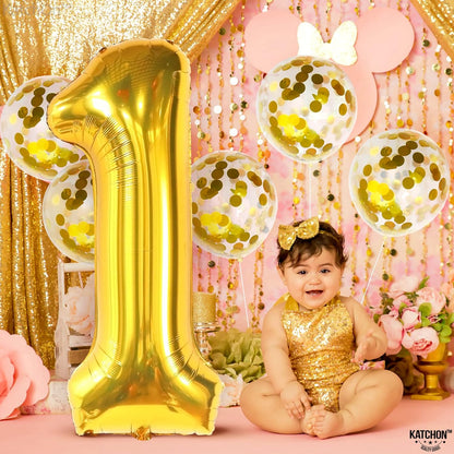 KatchOn, Giant Gold 1 Balloon for First Birthday - 40 Inch, Pack of 6 | Gold One Balloons for 1 Year Anniversary Decorations | One Balloon for First Birthday Decorations | Gold 1st Birthday Balloons