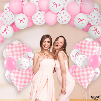 KatchOn, Pink Bow Birthday Party Decorations - Pack of 64 | Bow Themed Baby Shower Decorations | Pink Checkered Balloons for pink Bride Balloons | White Balloon