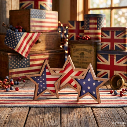 KatchOn, 4th of July Decorations | 4th of July Wooden Star Signs - 5.1x5.5 inches Pack of 6 | Flag Day Decorations, Patriotic Memorial Day Table Decorations for Home Office Table Shelf Decorations