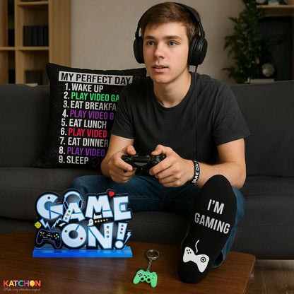 KatchOn, Gamer Gift Set - Pack of 5 | Christmas Stocking Stuffers for Teen Boys, Pillow Cover, Socks, Keychain, Bracelet & Centerpiece | Birthday, Gaming Gift for Boys, Boyfriend | Gamer Accessories