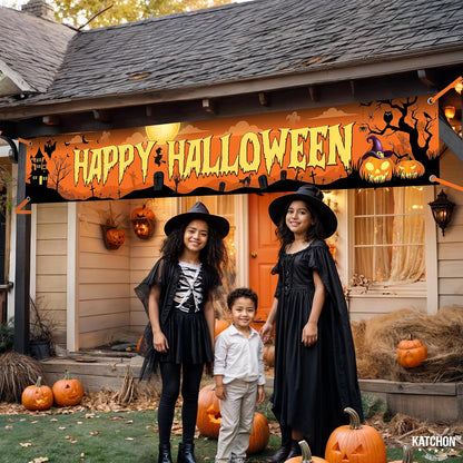 Katchon Happy Halloween Banners For Outside- Orange And Black Yard Sign