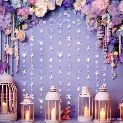 KatchOn Iridescent Butterfly Garland - Pack of 6, 10ft | Preassembled Garland for Birthday Decorations | Butterfly Wall Decor, Butterfly Decorations | Iridescent Backdrop for Bachelorette Party