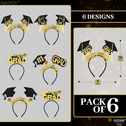 KatchOn Graduation Decorations 2026 | Black and Gold Congrats Grad Graduation Cap Headband - Pack of 6 | Felt Graduation Headbands | Headband for Graduation Cap | Graduation Party Favors 2026