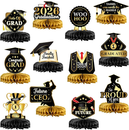 KatchOn, Black and Gold Graduation Centerpieces 2026 - Pack of 12 | Congrats Grad Honeycomb Centerpieces | Graduation Centerpieces For Tables 2026 | 2026 Graduation Decorations, Graduation Party Decor