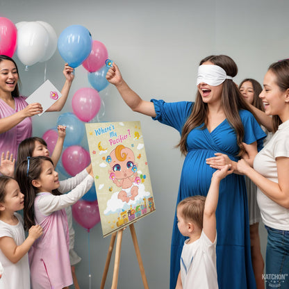 KatchOn, Pin the Pacifier Baby Shower Game Poster - 32x21 Inch, Pack of 54 | Where is My Pacifier Poster, Baby Shower Decorations | Pacifier Stickers for Gender Reveal | Gender Reveal Games for Guests