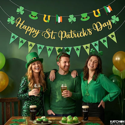 KatchOn, Glitter Gold Happy St. Patrick's Day Banner - 3 Strings, Pre-Strung, 10 Ft | St Patrick's Day Banner with Leprechaun Hat and flag Garland for St Patricks Day Decorations, Shamrock Decorations