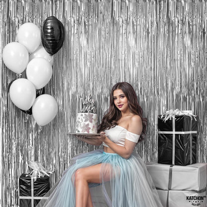 KatchOn, XtraLarge Silver Backdrop Curtain - 3.2x8 Ft, Pack of 2 | Silver Streamers Backdrop for Disco Party Decorations | Fringe Backdrop for Anniversary, Birthday Decoration | Halloween Decorations