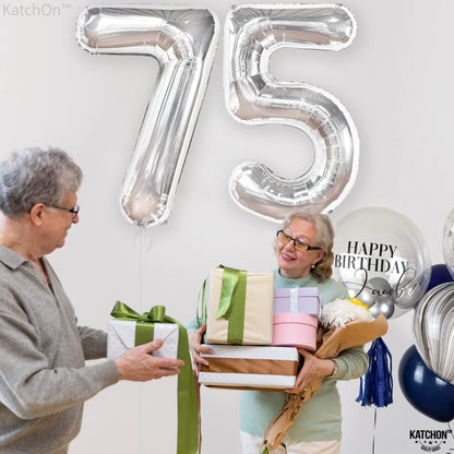 KatchOn, Giant Silver 75 Balloon Numbers - 40 Inch | Silver 75th Birthday Balloons, 75th Birthday Decorations | 75th Anniversary decorations | 75 Balloons for 75 Birthday Party Decorations