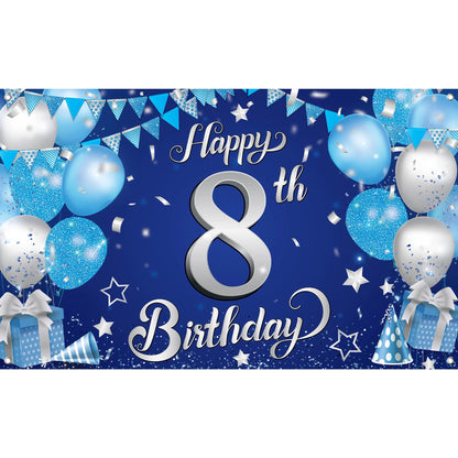 KatchOn, XtraLarge Silver and Blue Happy 8th Birthday Banner - 72x44 Inch | 8th Backdrop for Happy Birthday Decorations | Blue and Silver Party Decorations