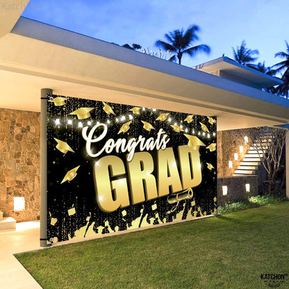 KatchOn, Congrats Grad Backdrop - XtraLarge, 72x44 Inch | Black and Gold Graduation Backdrop 2026 for 2026 Graduation Decorations | Congrats Grad Banner, 2026 Graduation Party Decorations