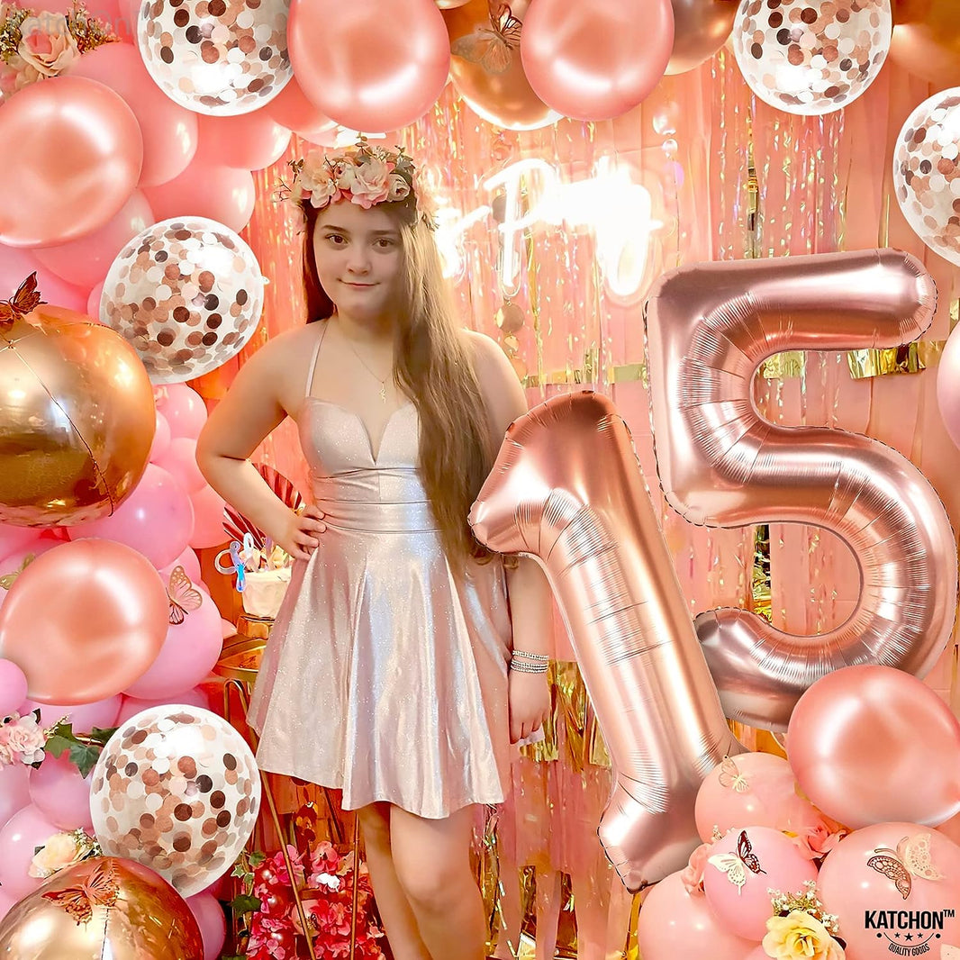 KatchOn, Rose Gold 15 Balloons Number - Big, 40 Inch | 15 Birthday Balloons with Confetti for Happy 15th Birthday Decorations for Girls | Quinceanera Decorations | 15 Birthday Decorations for Girls
