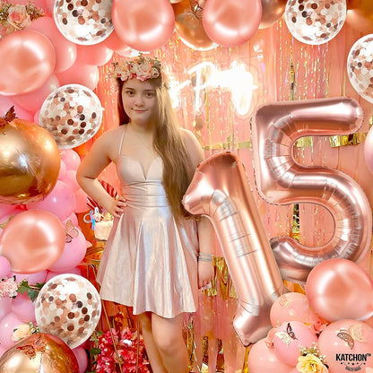KatchOn, Rose Gold 15 Balloons Number - Big, 40 Inch | 15 Birthday Balloons with Confetti for Happy 15th Birthday Decorations for Girls | Quinceanera Decorations | 15 Birthday Decorations for Girls