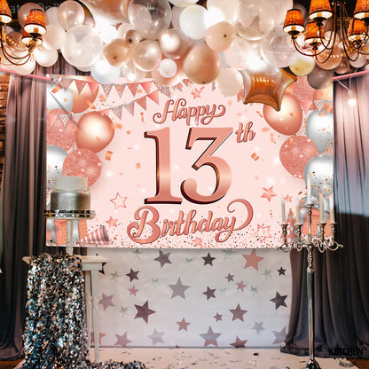 KatchOn Rose Gold Happy 13th Birthday Banner - Large, 72x44 Inch | 13th Birthday Backdrop for Girls' Birthday Decorations