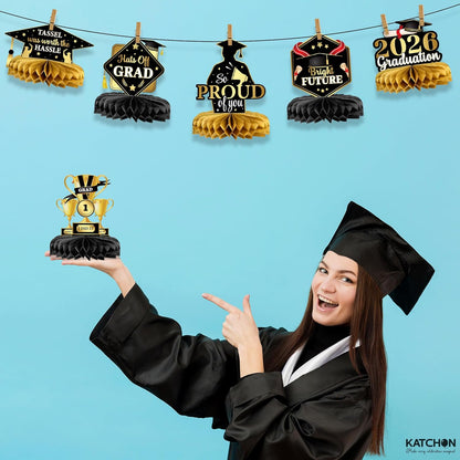 KatchOn, Black and Gold Graduation Centerpieces 2026 - Pack of 12 | Congrats Grad Honeycomb Centerpieces | Graduation Centerpieces For Tables 2026 | 2026 Graduation Decorations, Graduation Party Decor