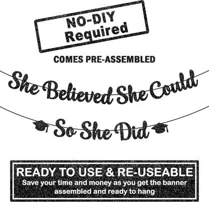 KatchOn, She Believed She Could So She Did Banner - Glitter, 10 Feet, No DIY | Black Grad Banner for Graduation Decorations 2026 | Medical College Graduation Party Decorations 2026