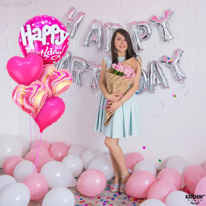 KatchOn, Huge Happy Birthday Balloon Pink Set - 23 Inch, Pack of 5 | Hot Pink Heart Balloons For Happy Birthday Decorations | Foil Balloons For Princess Party Decorations