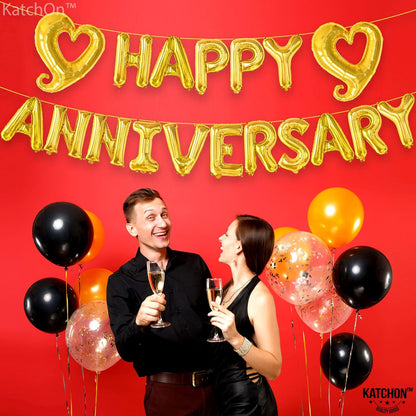 KatchOn, Gold Happy Anniversary Balloons Letters - 18 Inch, Gold Hook Heart Balloons Foil | Gold Happy Anniversary Banner for Happy Anniversary Decorations | Gold Happy Anniversary Balloon Banner