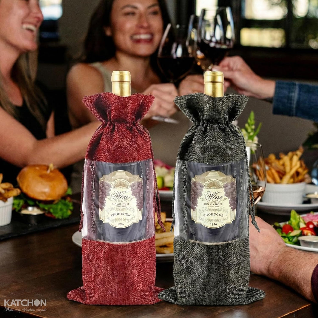 KatchOn, Burlap Jute Wine Gift Bags with Drawstrings - 20 PCS | Red and Black Bottle Bags for Wedding | Drawstring Pouches for Holiday Party, Birthdays, Travel party | Wine Tasting Party Favors