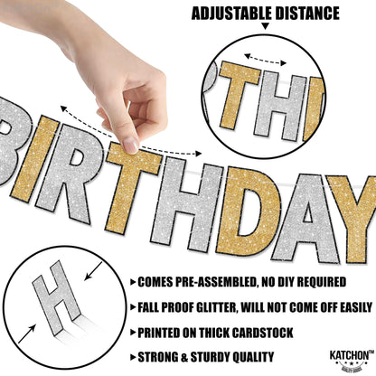 KatchOn, Gold and Silver Happy Birthday Banner - 10 Feet, Pre-Assembled | Birthday Decorations for Women and Girls | Hbd Backdrop Banner for Gold and Silver Party Decorations